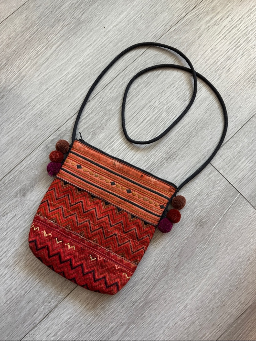 Boho Red Woven Crossbody Bag with Pom Pom Accents - Perfect Festival Essentials